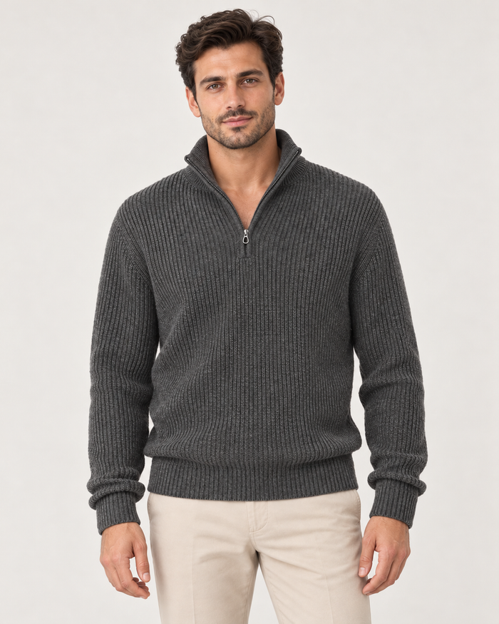 Men's Half Zip Jumper - Cashmere Blend Rib Knit High Collar