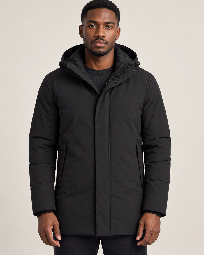 Men's hooded puffer jacket in black, front view