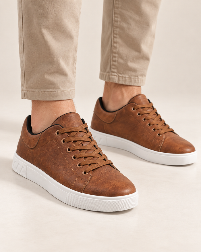 Men's smart leather trainers in brown, on foot front view