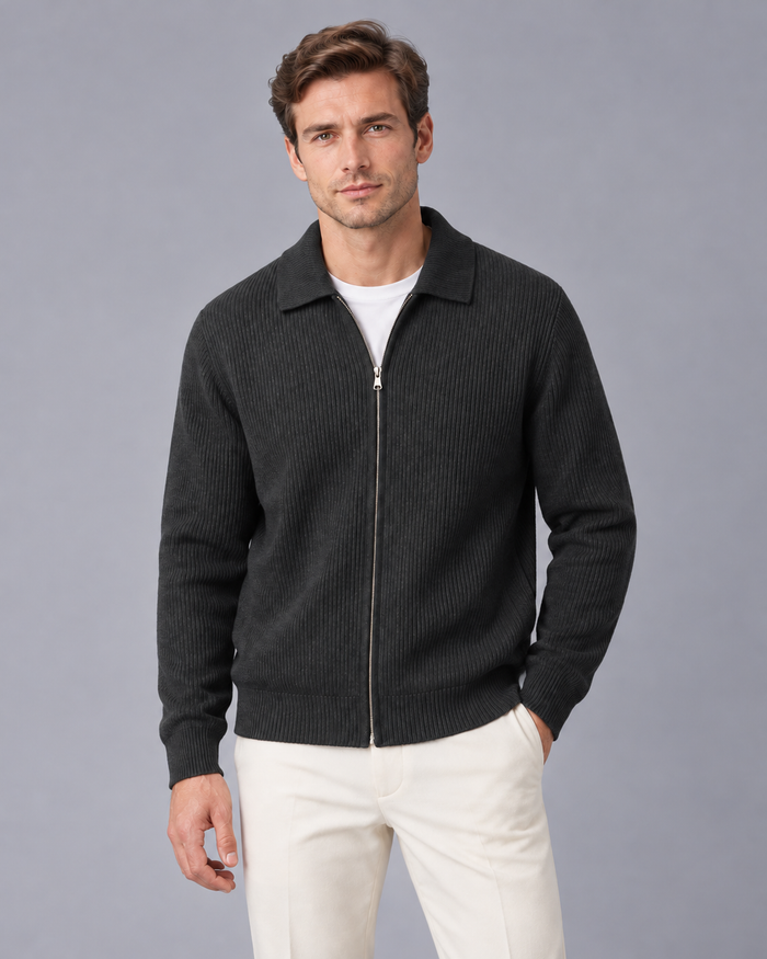 Men's Zip Up Cardigan - Wool Rib Knit Polo Collar Knitted Jacket