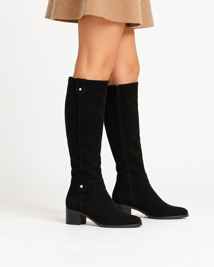 Women's Knee High Boots - Suede Block Heel Side Zip Winter