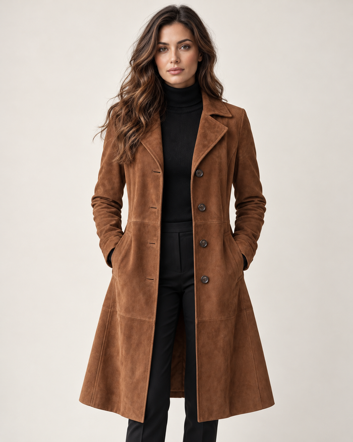 Women's long faux suede coat in brown, full front view