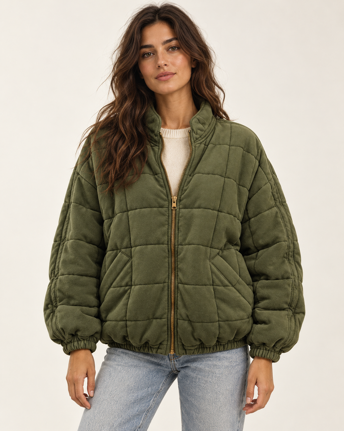 Women's quilted jacket in olive green, front view