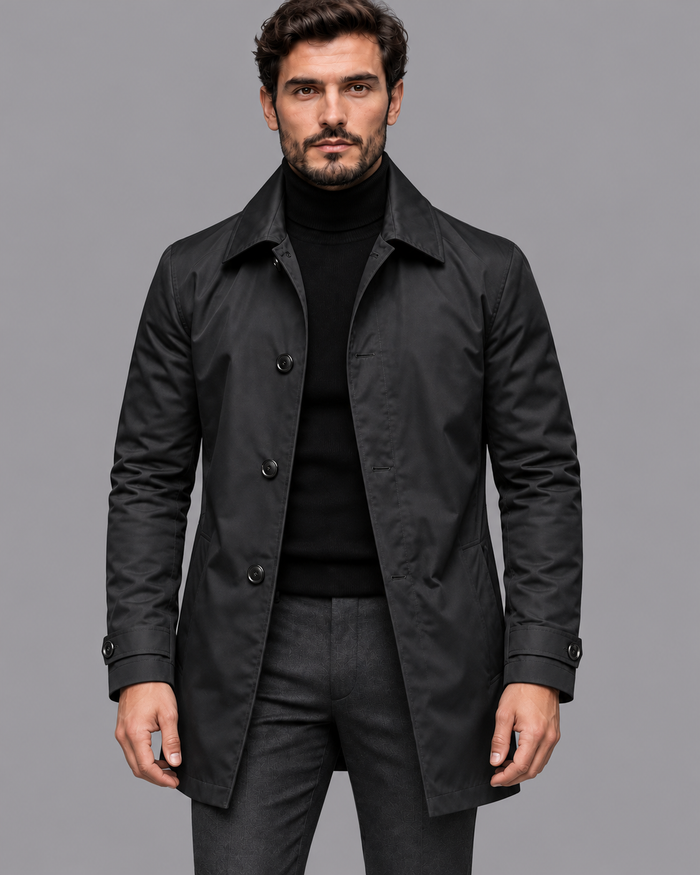 Men's Mac Coat - Water Resistant Button Front Mid Length Jacket
