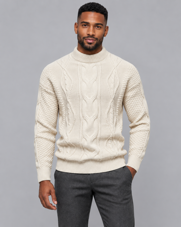 Men's Knitted Jumper - Cable Knit Crew Neck Regular Fit Winter