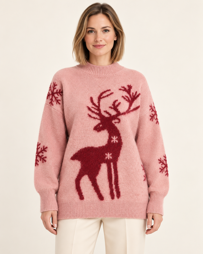 Pink high neck reindeer jumper - image 1