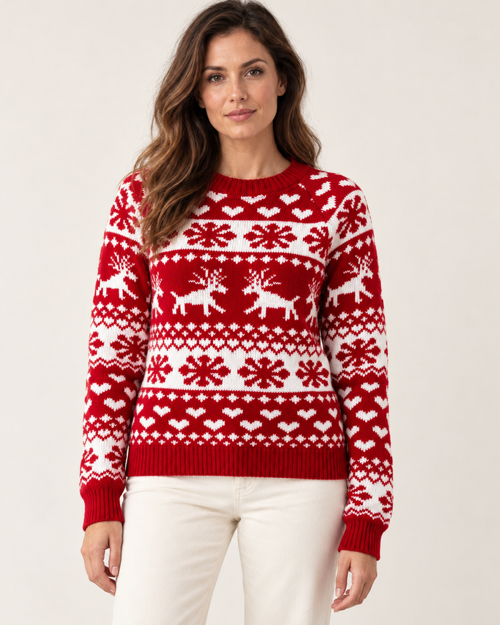 Red reindeer snowflake Christmas jumper - front model