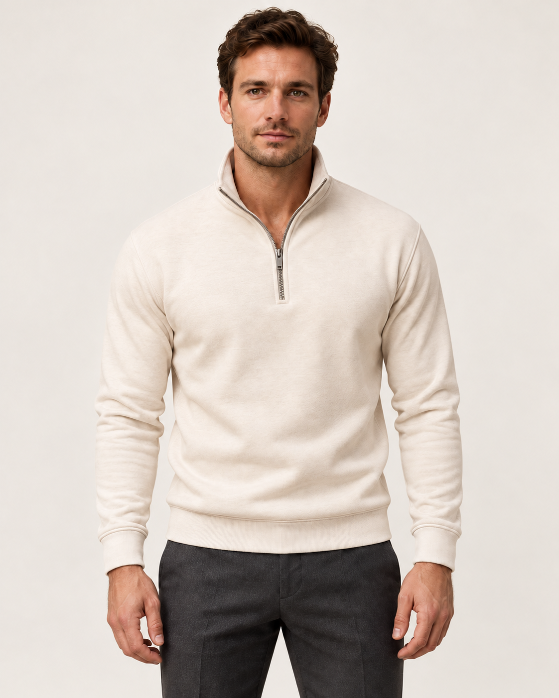 Men's white half zip jumper, front view