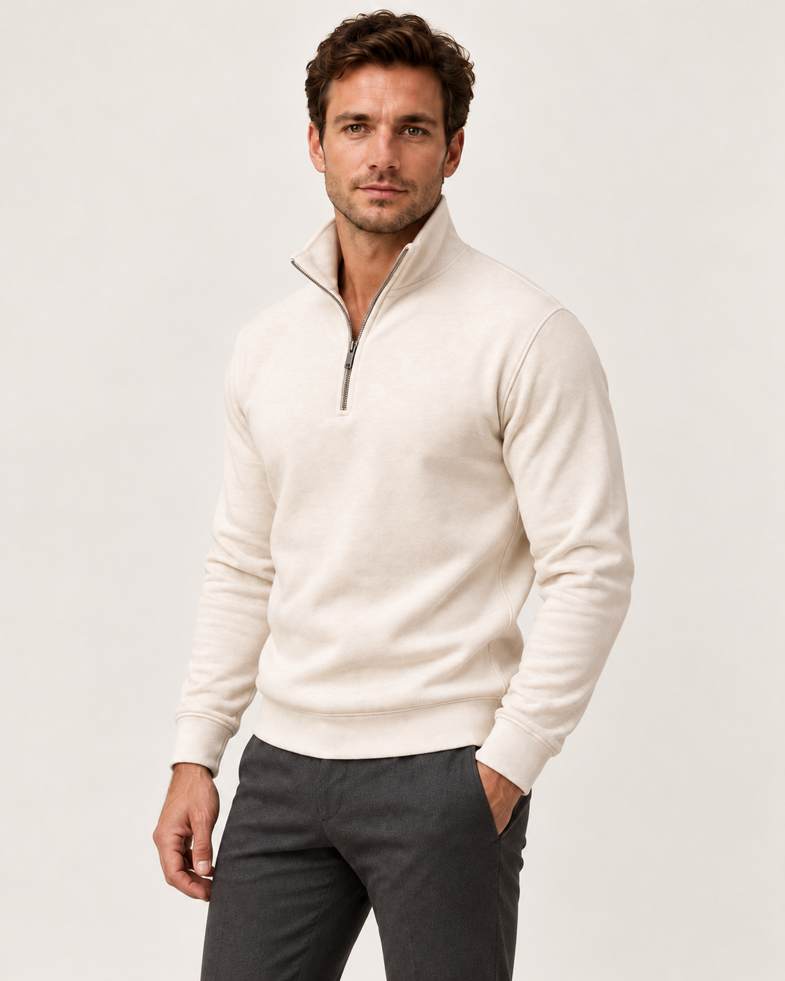 Men's white half zip jumper, three-quarter view