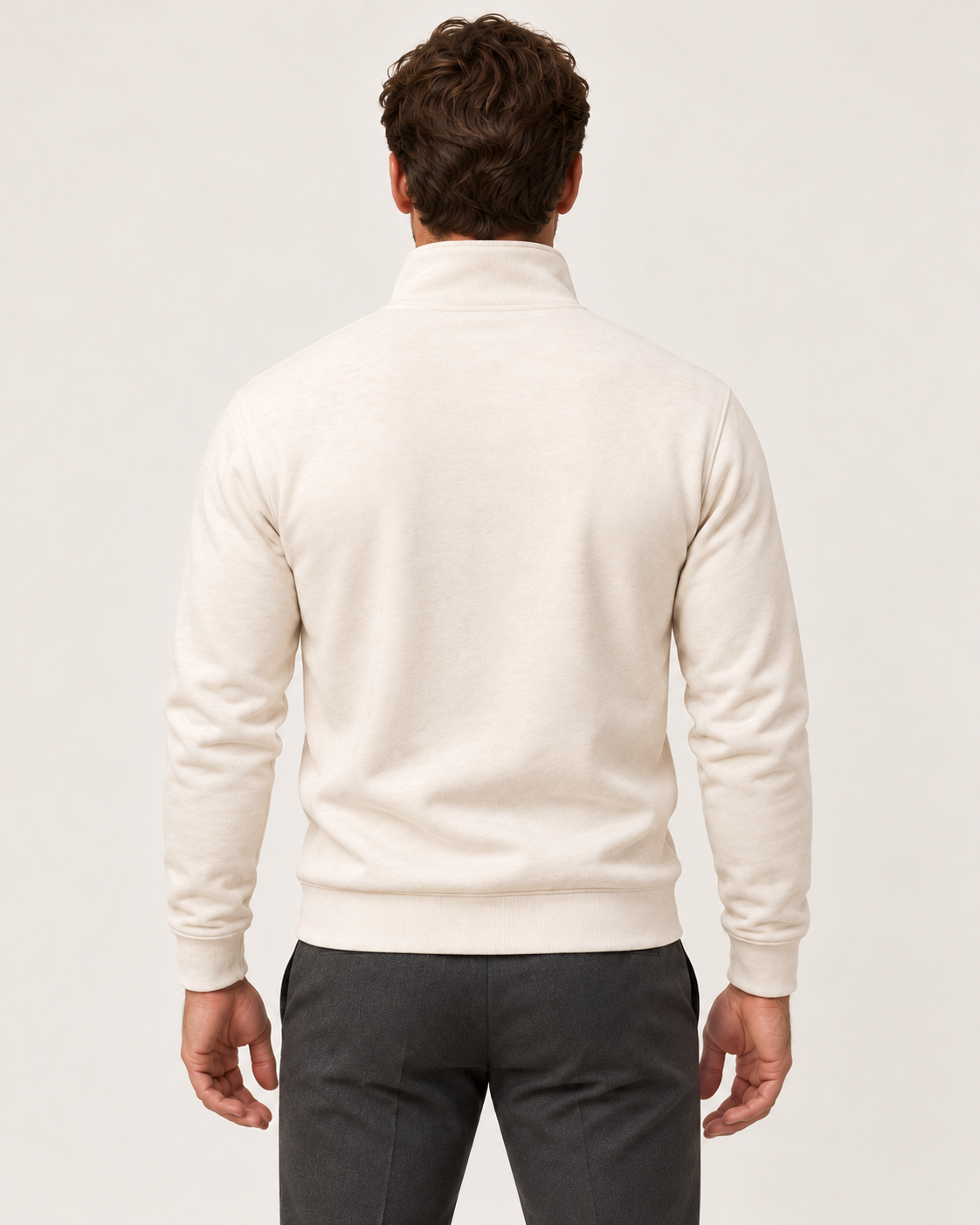 Men's white half zip jumper, plain back view derived from front construction