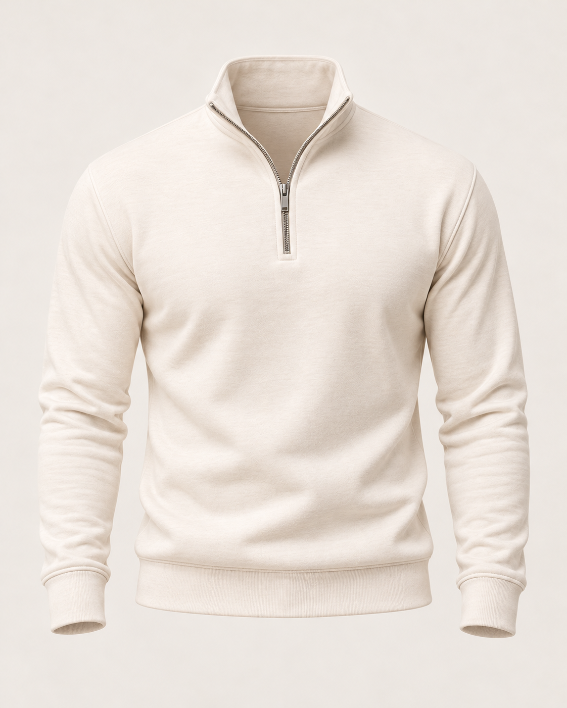 Men's white half zip jumper, ghost mannequin product-only front