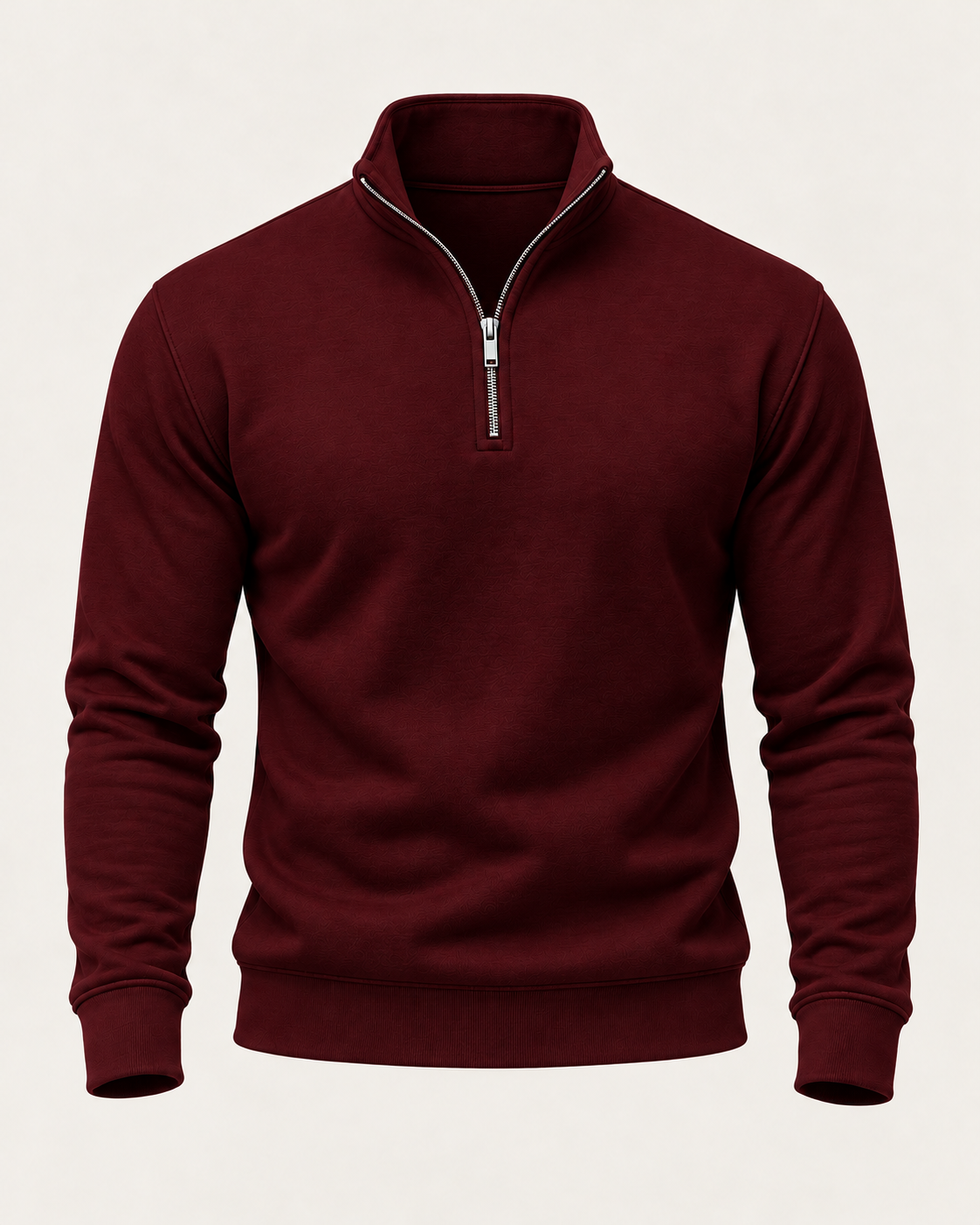 Men's burgundy half zip jumper, ghost mannequin product-only front