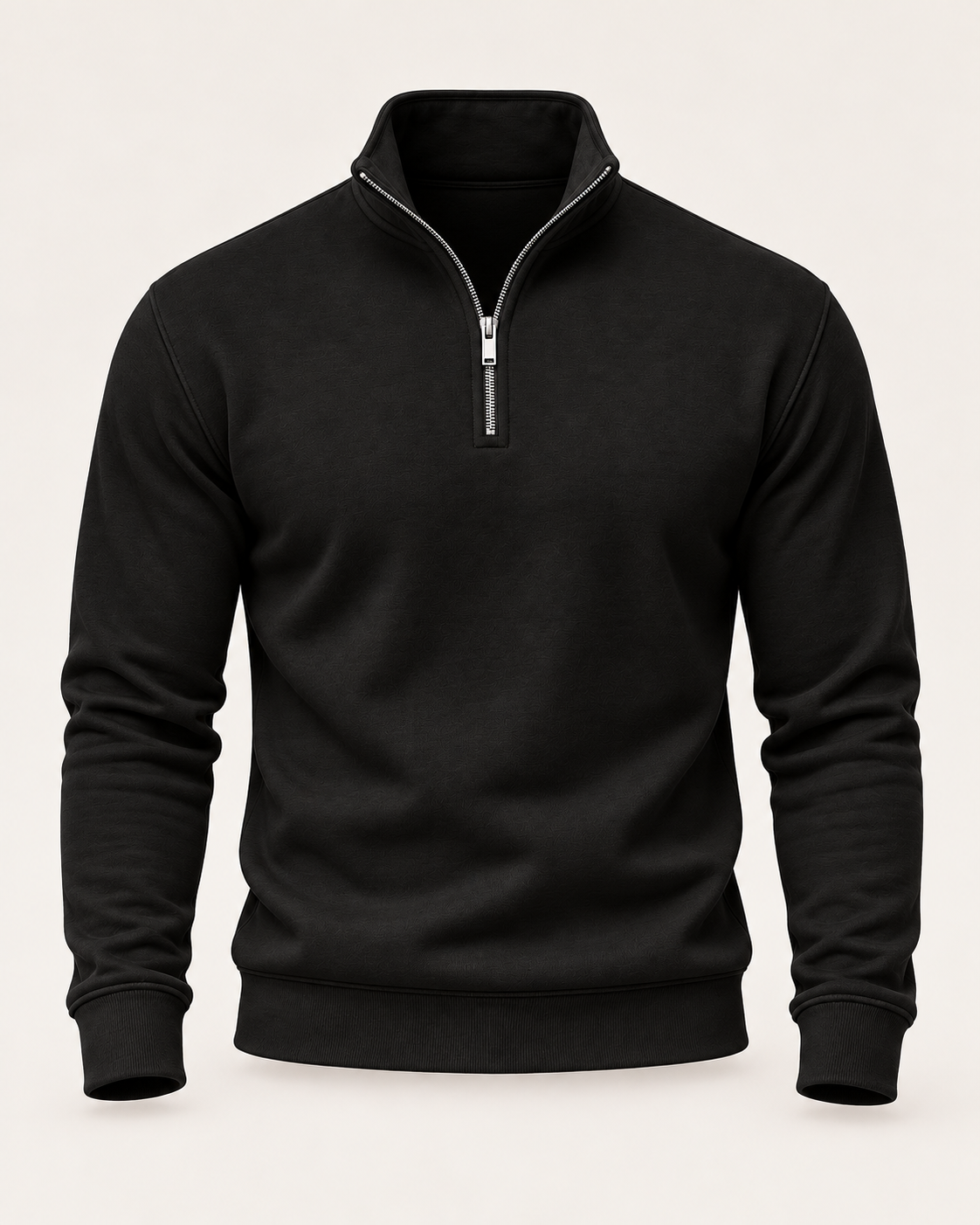 Men's black half zip jumper, ghost mannequin product-only front