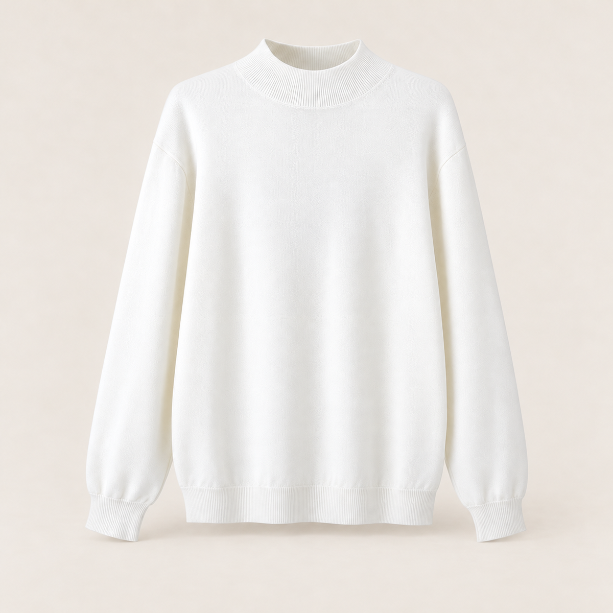 Men's white roll neck jumper, ghost mannequin product-only front