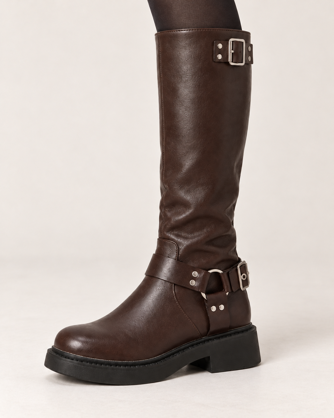 Women's espresso leather biker boot, close-up on foot