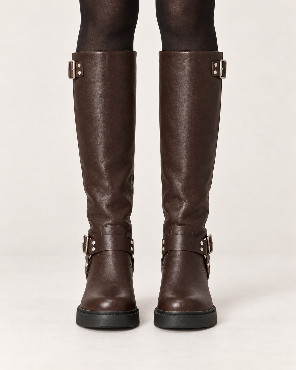 Women's espresso biker boots, straight front view on model