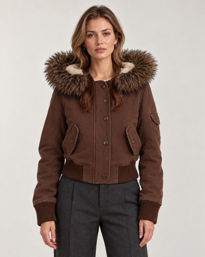 Women's brown bomber jacket, front view on model