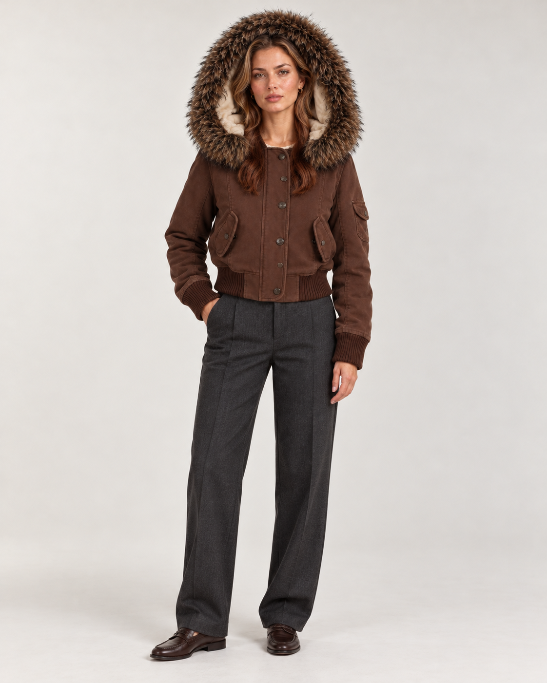 Women's brown bomber jacket, full-length styling with hood up