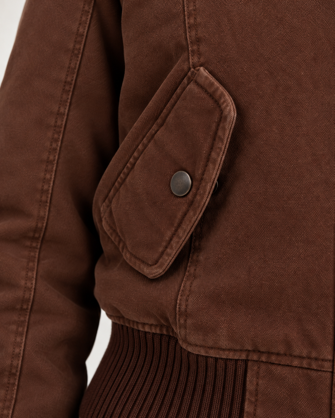 Women's brown bomber jacket, pocket and ribbed hem detail