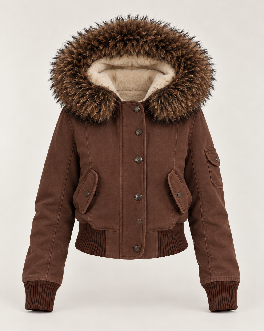 Women's brown bomber jacket, ghost mannequin product-only front view