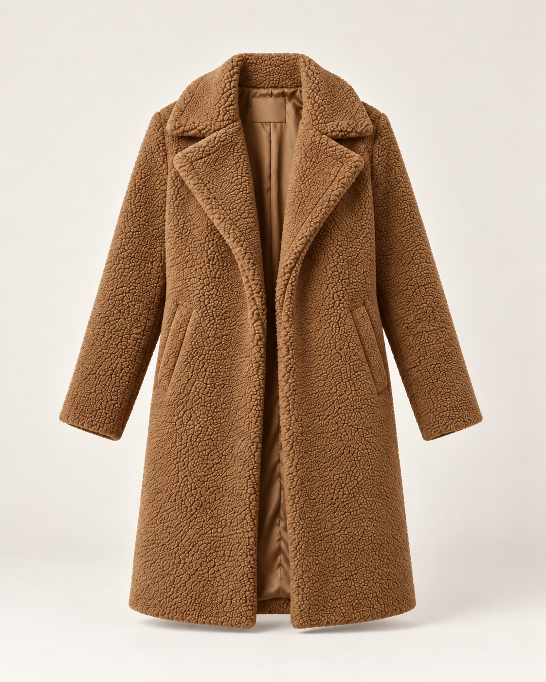 Women's brown long textured jacket, ghost mannequin front