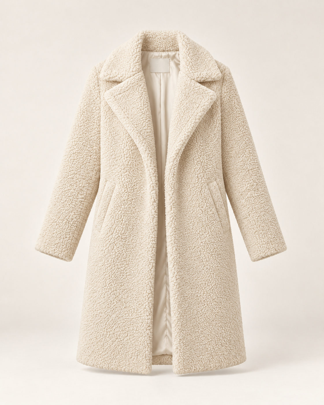 Women's white long textured jacket, ghost mannequin front