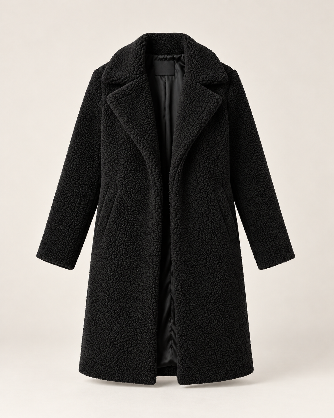 Women's black long textured jacket, ghost mannequin front