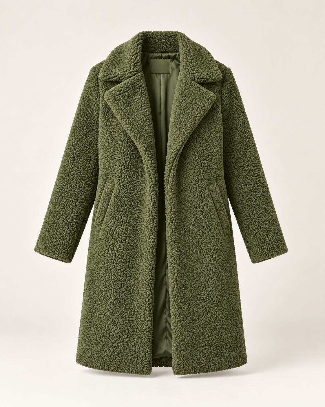 Women's olive green long textured jacket, ghost mannequin front