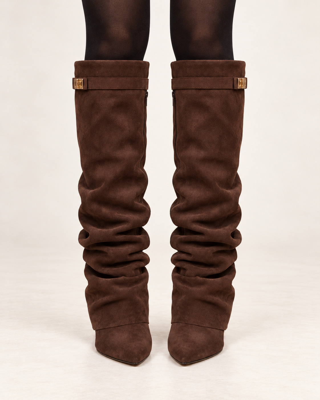 Women's dark brown slouch boots, straight front view on model