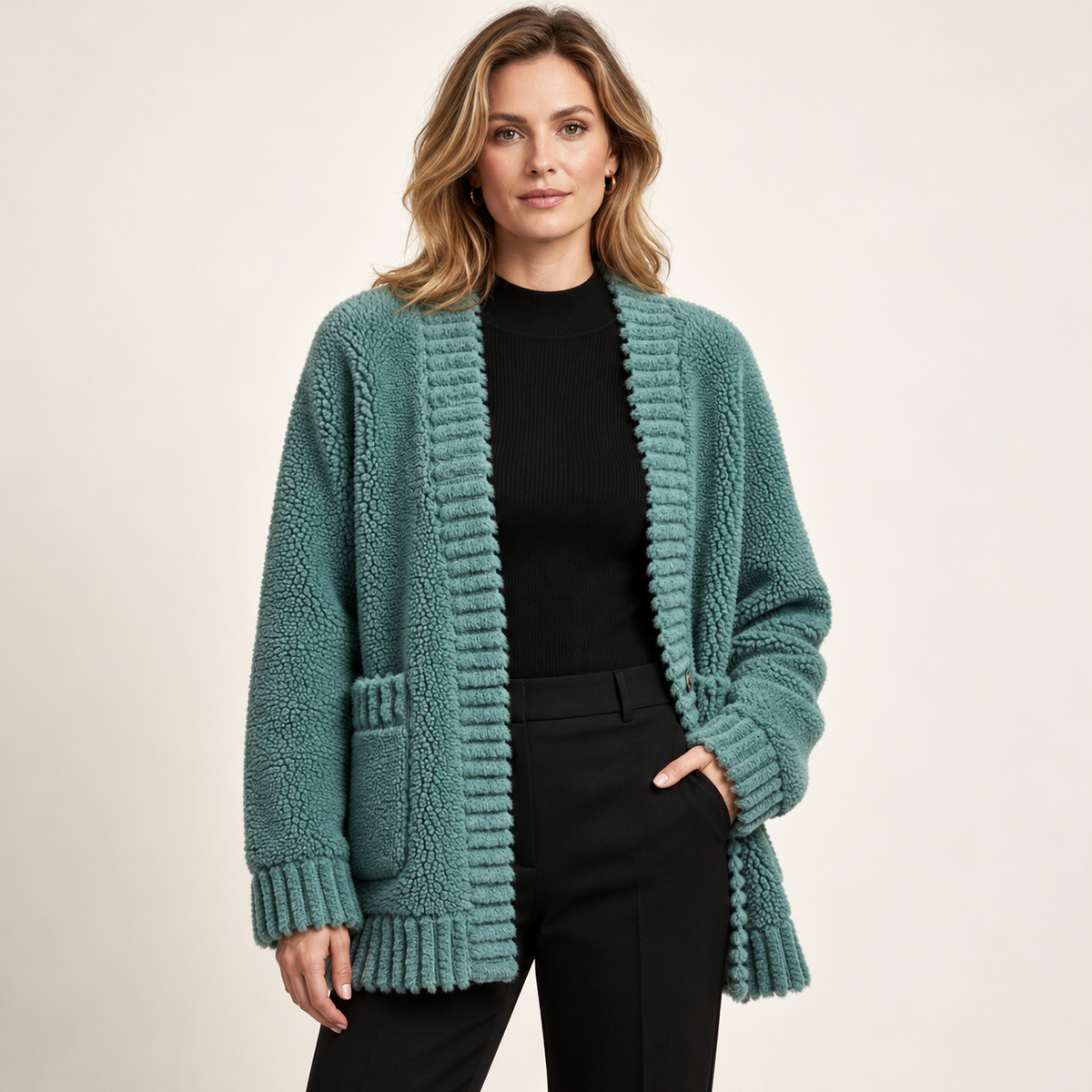Green alpaca cardigan — front on model