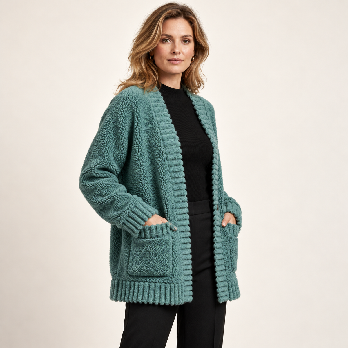 Green alpaca cardigan — three-quarter on model