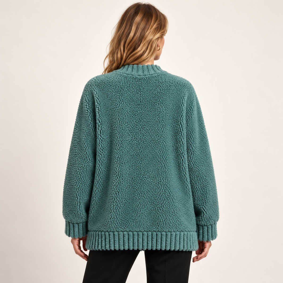 Green alpaca cardigan — back on model (derived)