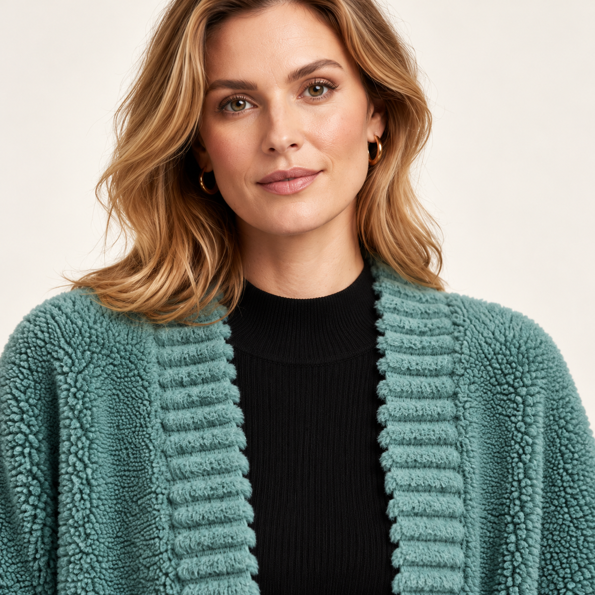 Green alpaca cardigan — chest-up on model