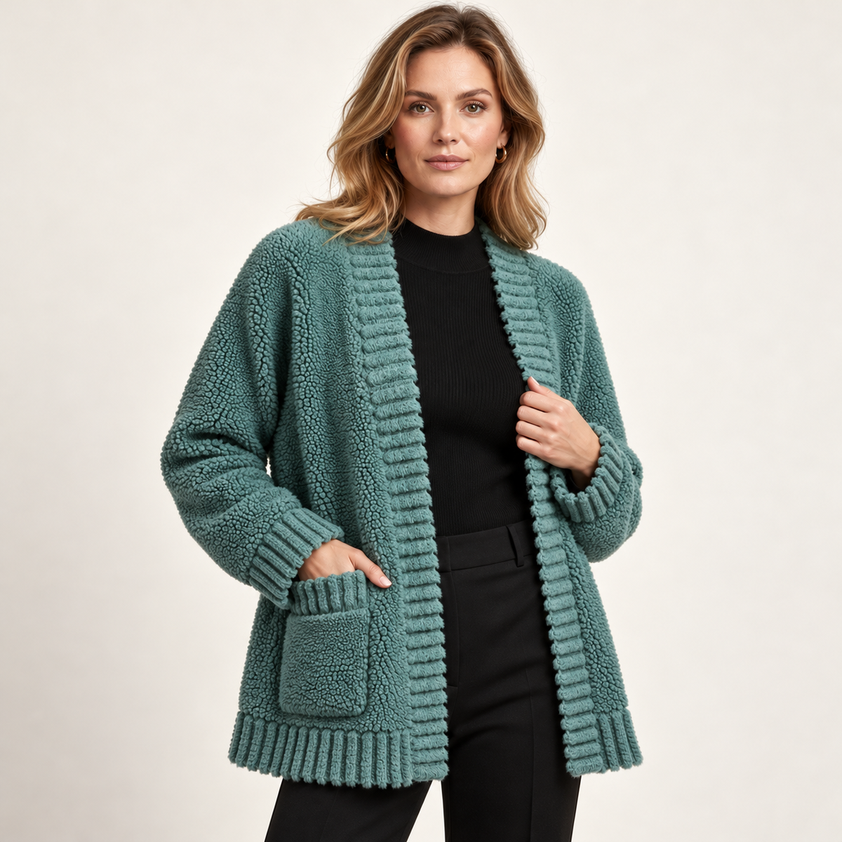 Green alpaca cardigan — styling on model