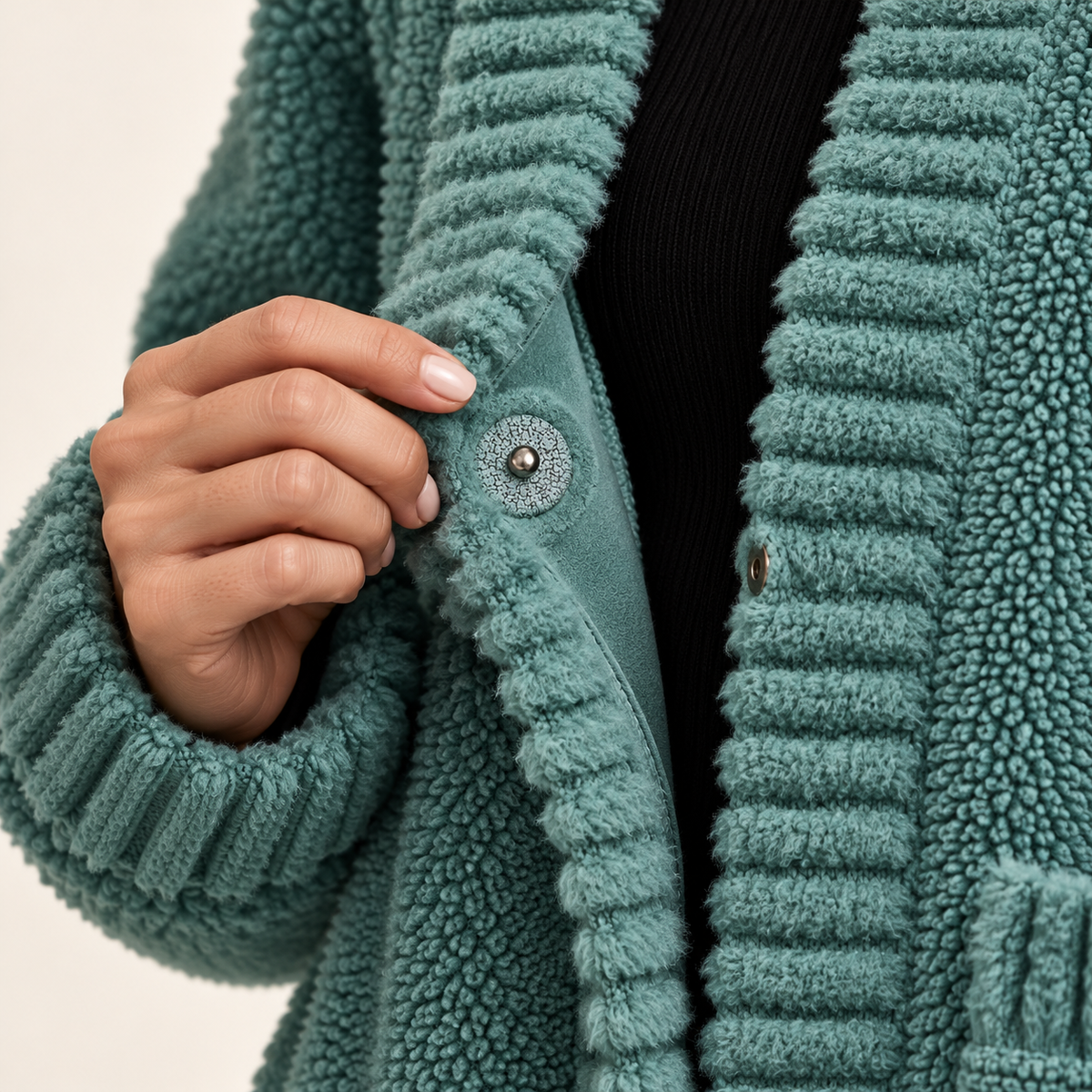 Green alpaca cardigan — snap button detail