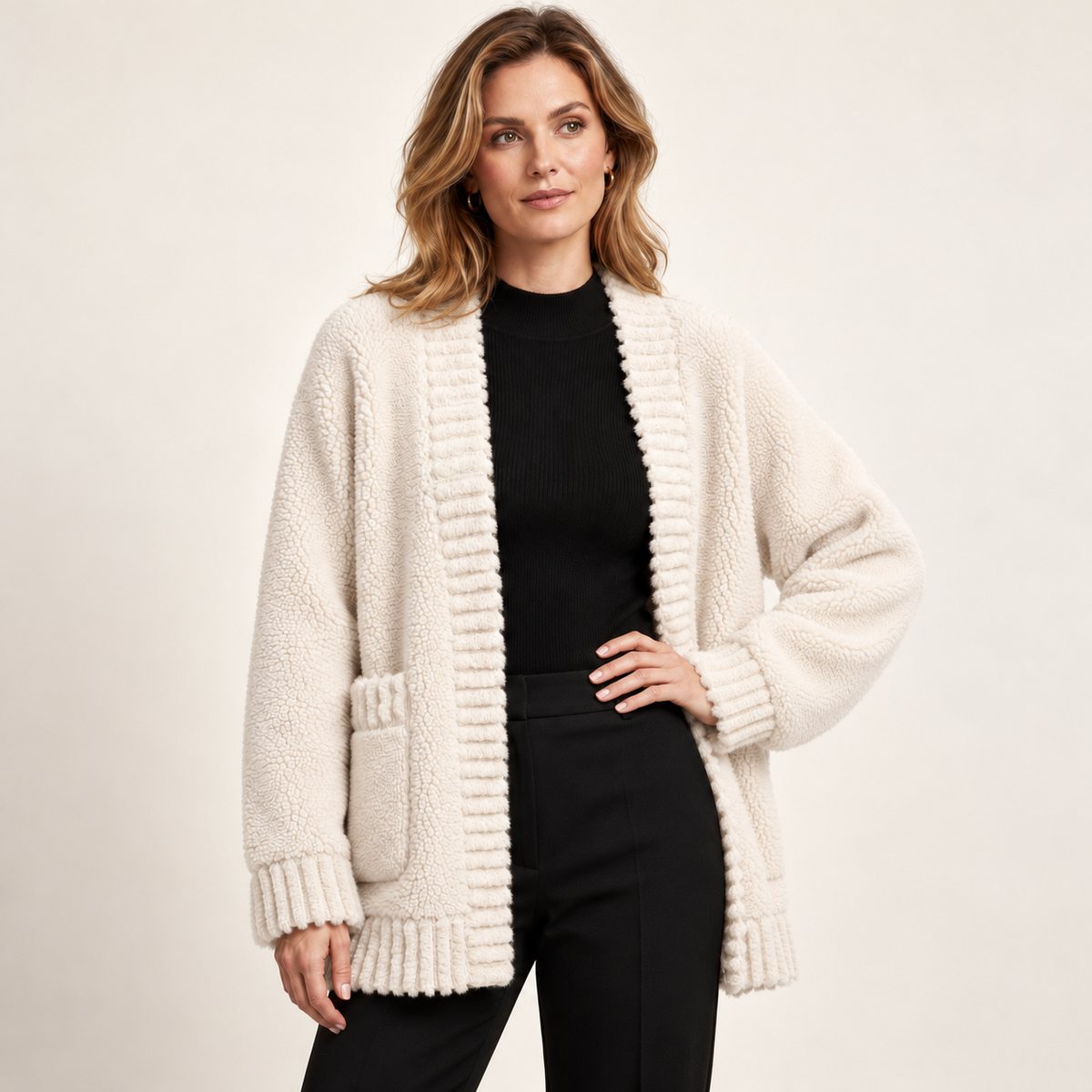 Pearl alpaca cardigan — front on model