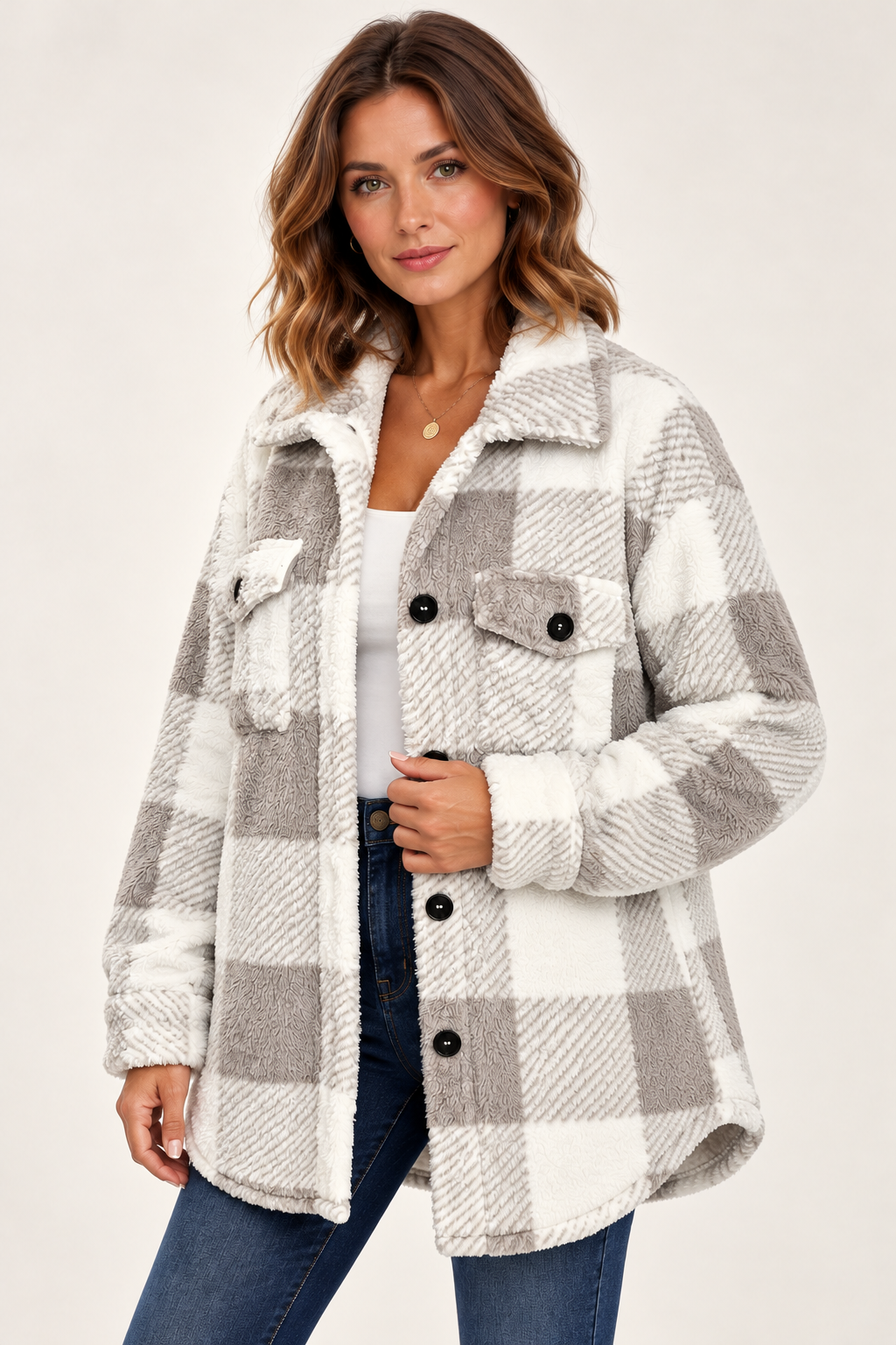 Women's Check Jacket Grey 02 ThreeQuarter