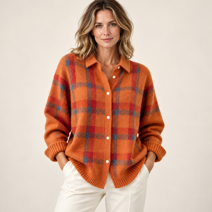 Orange check cardigan — front on model