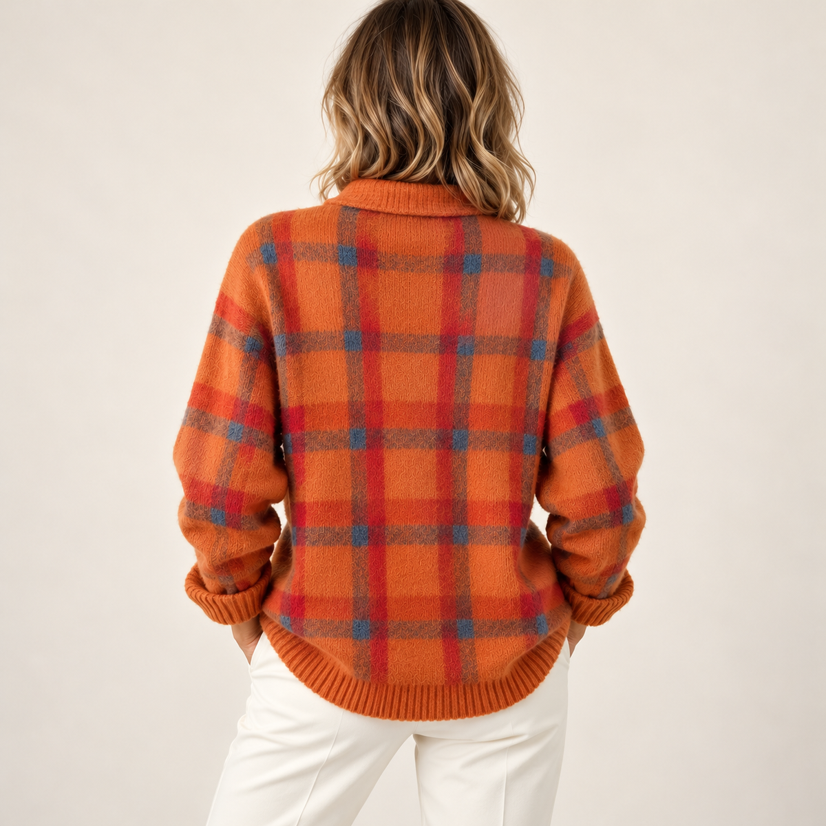 Orange check cardigan — back on model (derived)