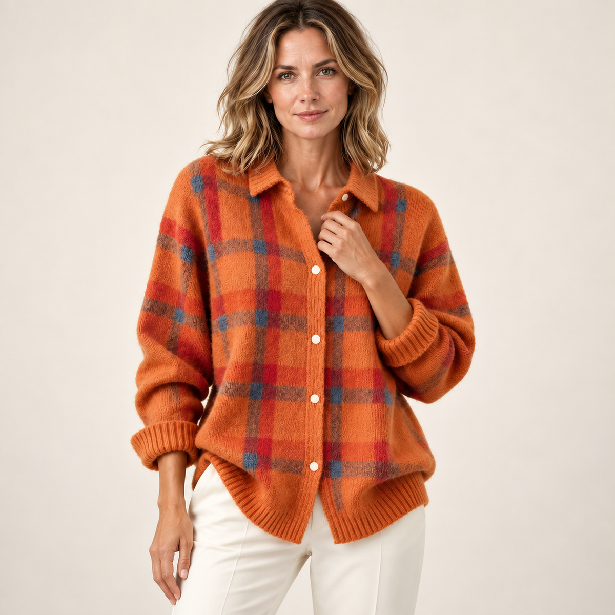 Orange check cardigan — styling on model
