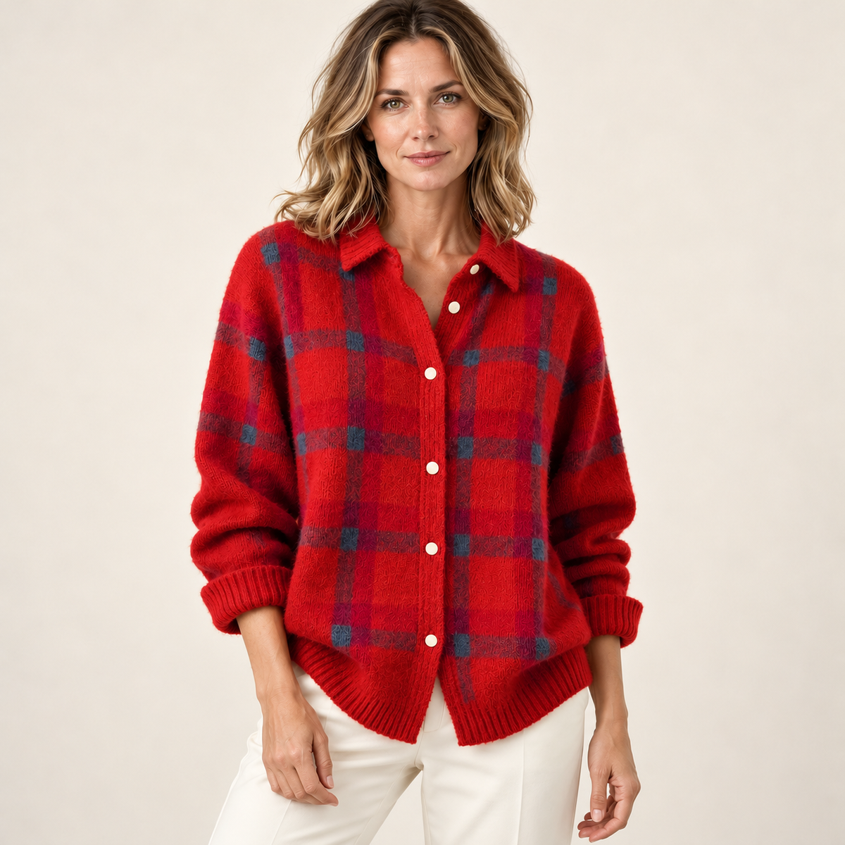 Red check cardigan — front on model