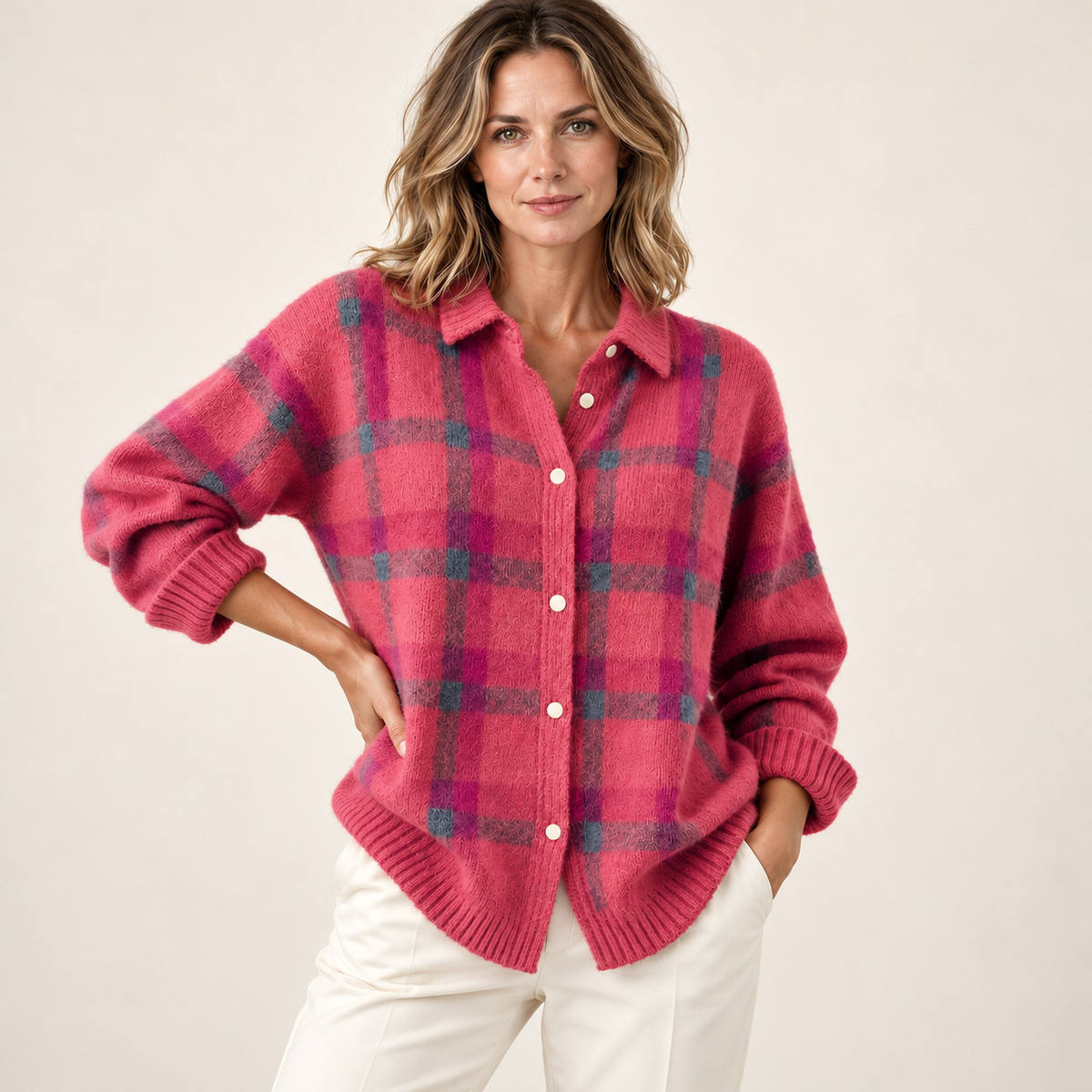 Pink check cardigan — front on model