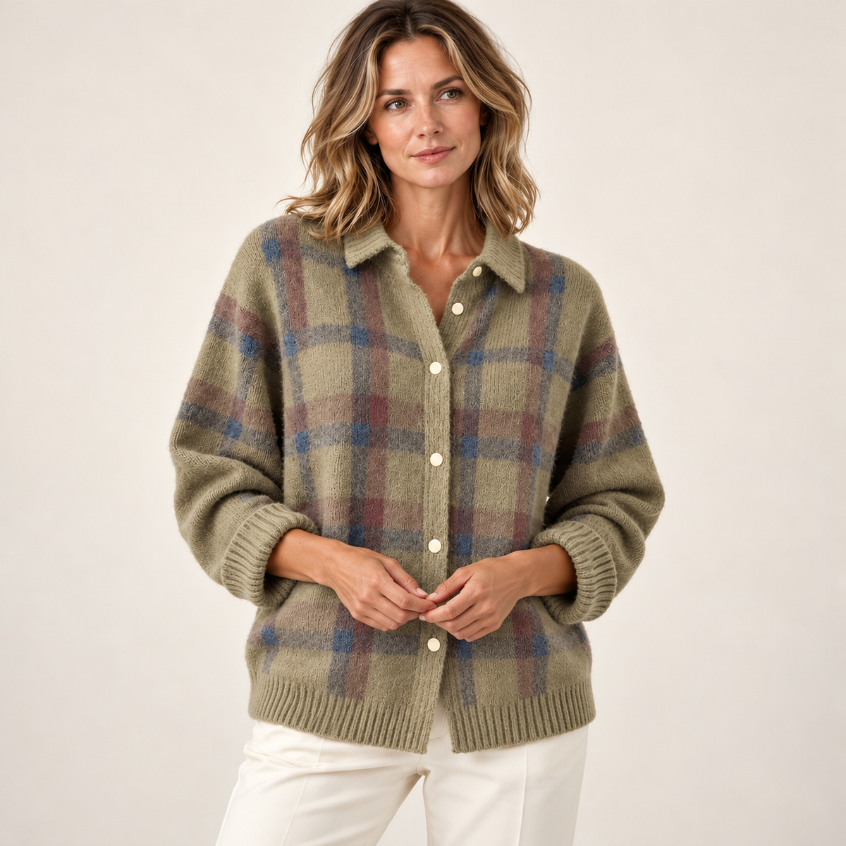 Brown check cardigan — front on model