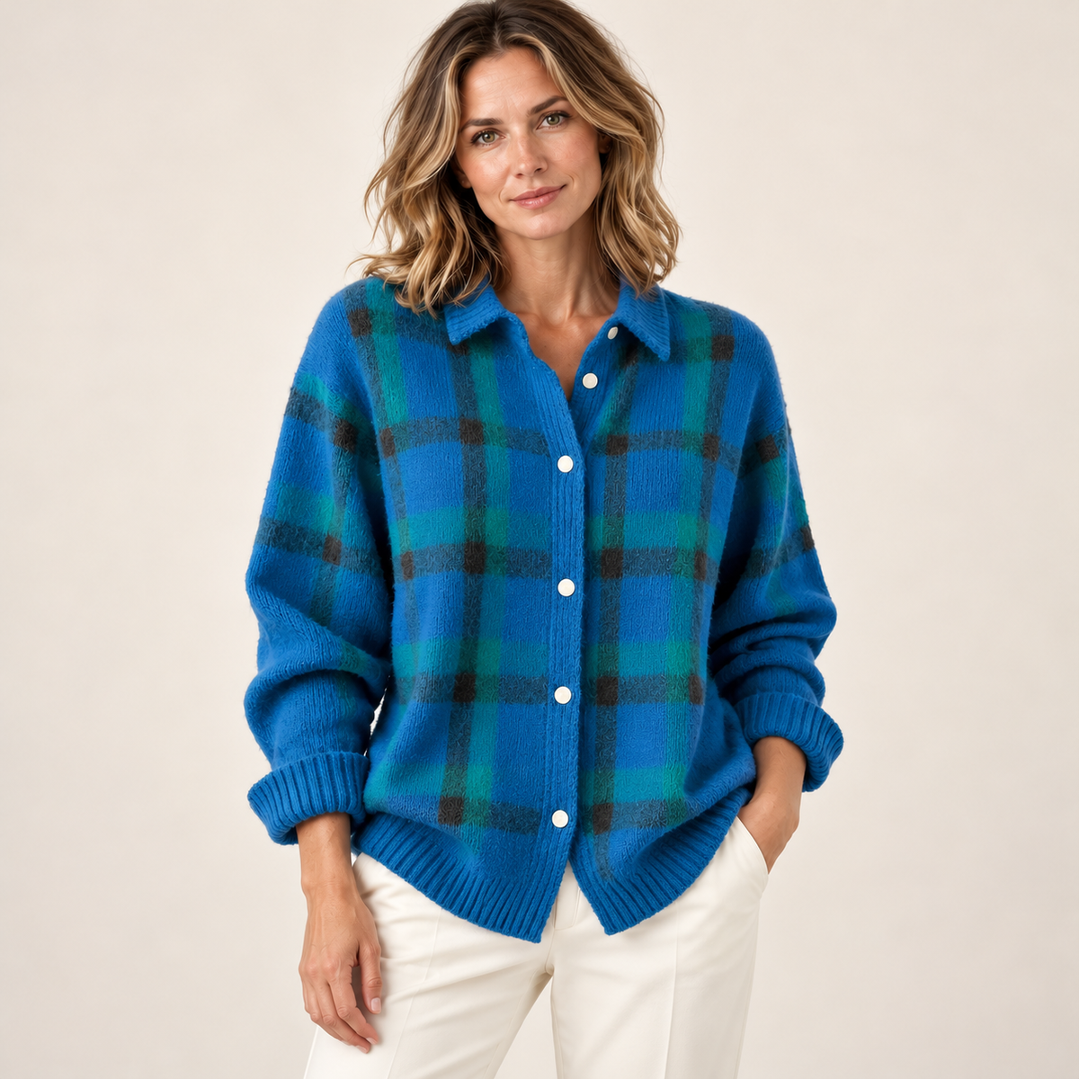 Blue check cardigan — front on model