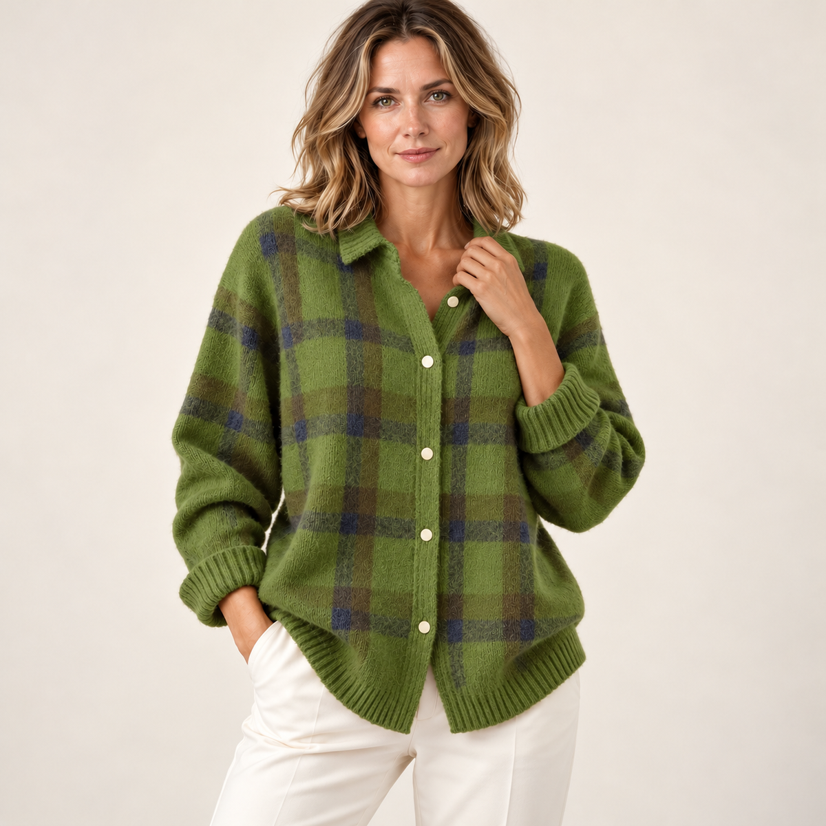 Green check cardigan — front on model