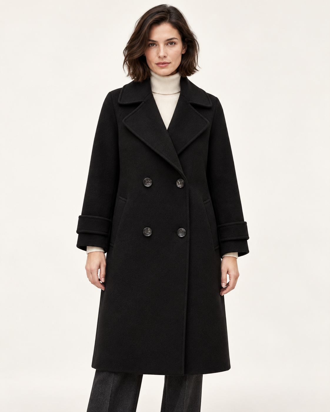 Women's Double Breasted Coat - Cashmere Blend Slim Fit Lapel Collar - Black - front view