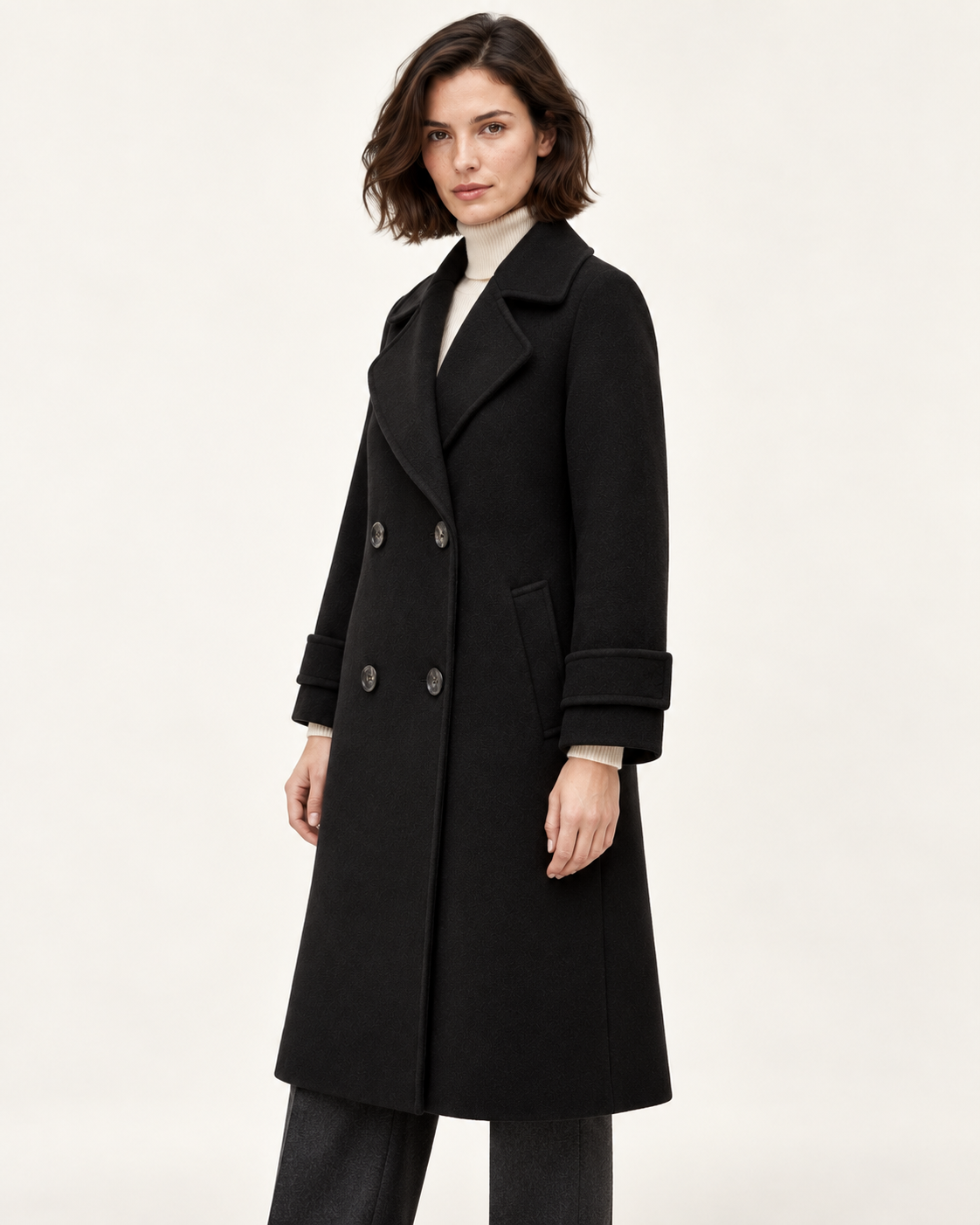 Women's Double Breasted Coat - Cashmere Blend Slim Fit Lapel Collar - Black - three-quarter view