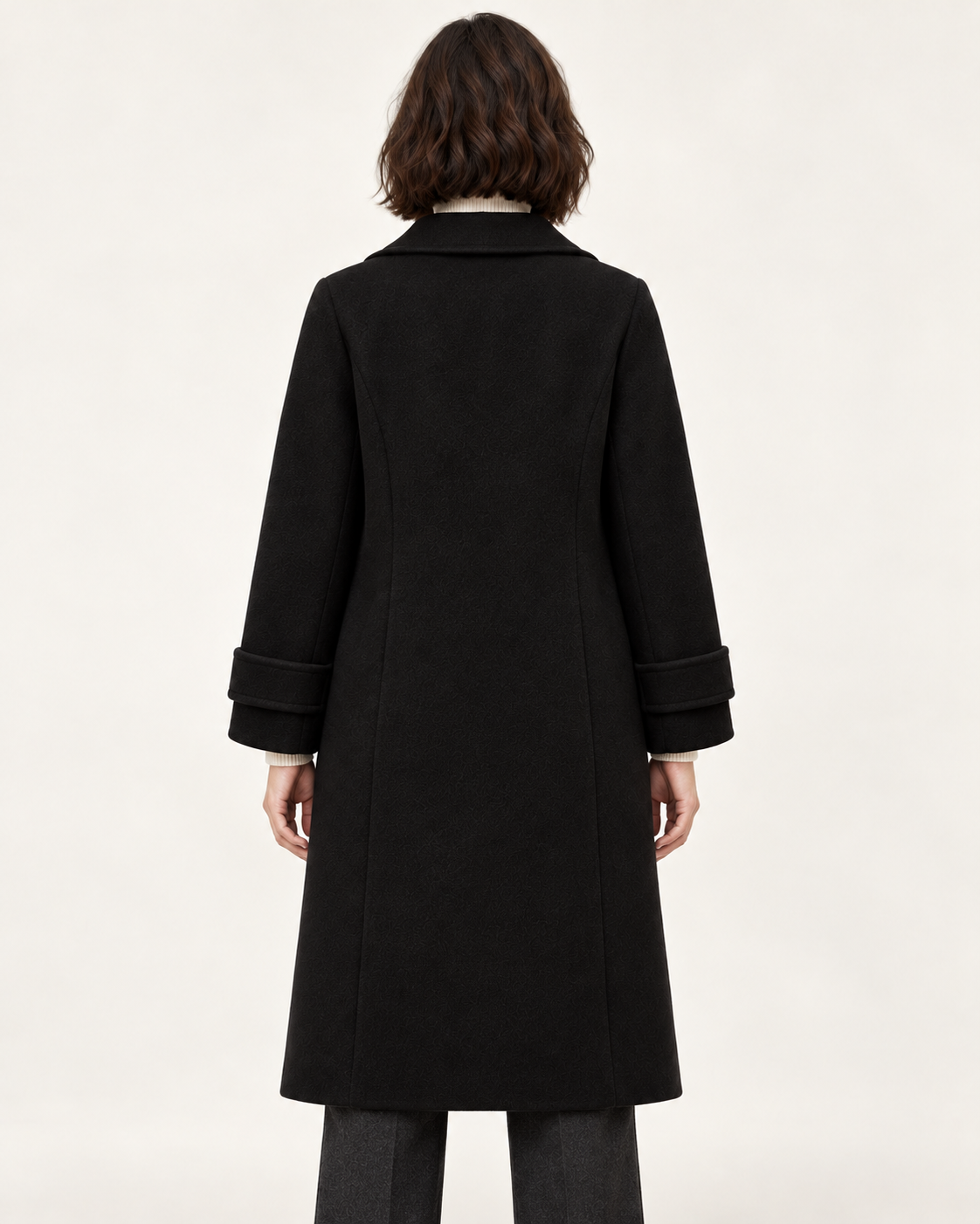 Women's Double Breasted Coat - Cashmere Blend Slim Fit Lapel Collar - Black - back view (derived)