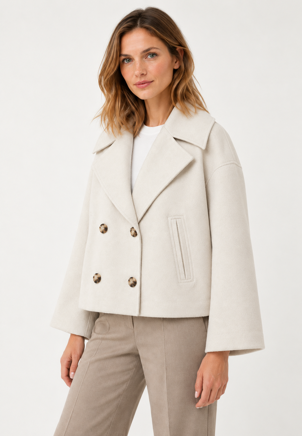 Women's Double Breasted Jacket Beige 02 ThreeQuarter