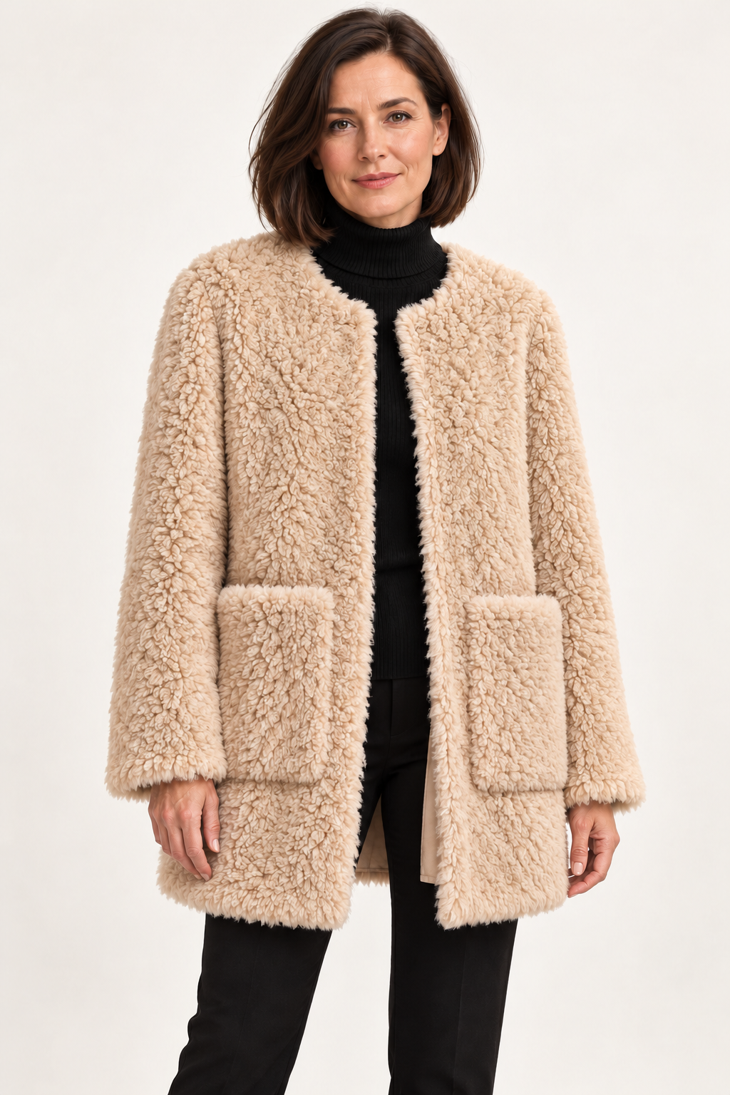 Women's Fluffy Jacket Beige 01 Front